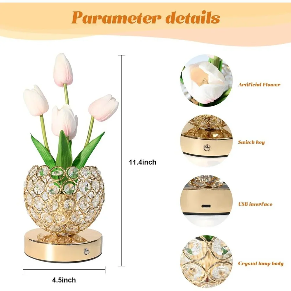 Crystal Pink Tulip Flower Rechargeable Cordless Touch Light Lamp Home Decor